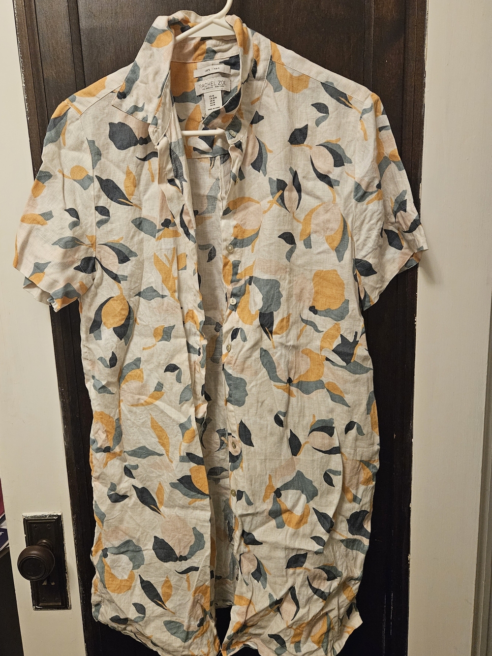 Rachel Zoe White Linen Shirt Dress with Mustard and Slate Leaf Print